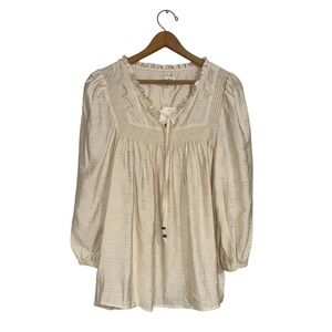 Wonderly‎ XL Cream Beige Blouse Peasant Airflow Ruffle Neck Long Sleeve Top